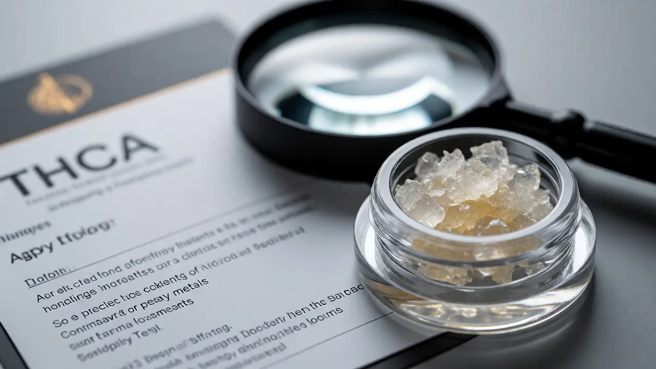 THCA-Kristalle im Glas neben einer Lupe und Analyse-Zertifikat